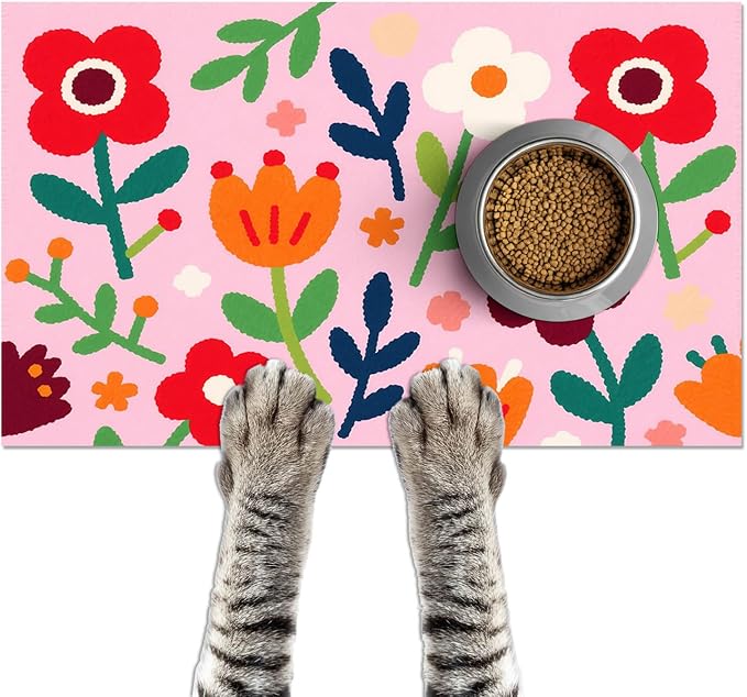 Pet Feedings Mats 20x12 inch Floral Print Pet Bowl Placemat Non Slip Mat by HOMETITUTE