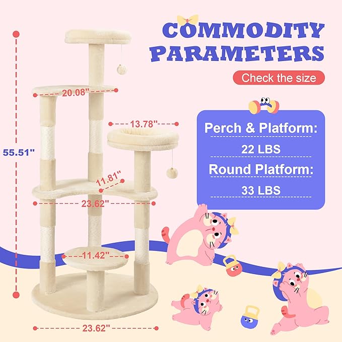 Allewie 55.5 in Cat Tree for Indoor Kitties/Soft Plush Perches/Multi-Level Cat - Image 7