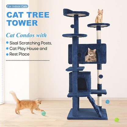 FDW | 54" Cat Tree Tower | Navy Blue | Multi-Level Indoor Activity Center - Image 2