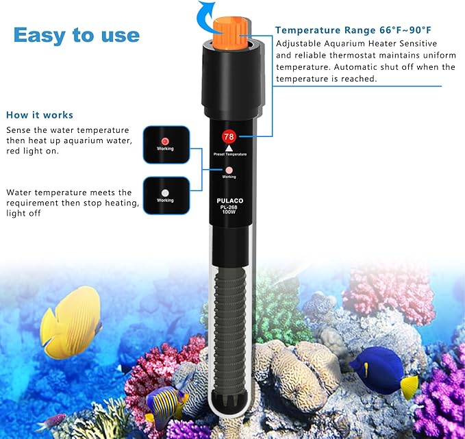 PULACO 100Watt Aquarium Heater for 15-25 Gallon Fish Tank, Adjustable - Image 3