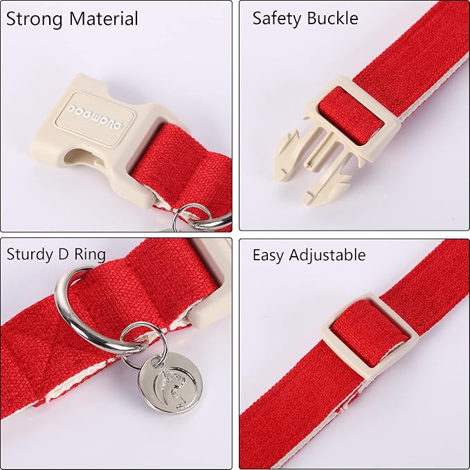 DOGWONG Cotton Hemp Dog Collar, Heavy-Duty Red Dog Collar Adjustable Soft - Image 2