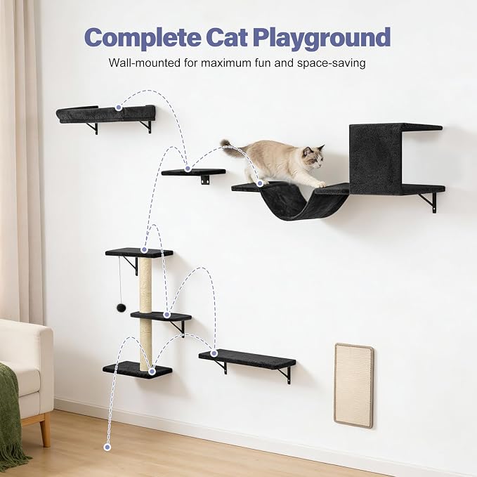 Cat Wall Shelves, Stable & Safe 6 in 1 Cat Furniture Set Black, - Image 6