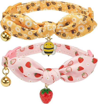 2 Pack Cotton Cat Collar, Removable Bowtie, Floral Pattern, Safety Breakaway by Petiry