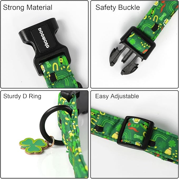DOGWONG St Patrick's Dog Collar- Green Clovers Dog Collar, Adjustable Cotton - Image 3