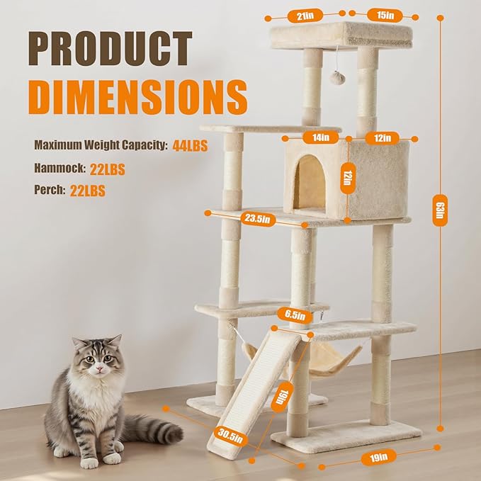 Sweetcrispy 63 inch Cat Tree Tower, Large Multi Level Cat Climbing Tower - Image 5