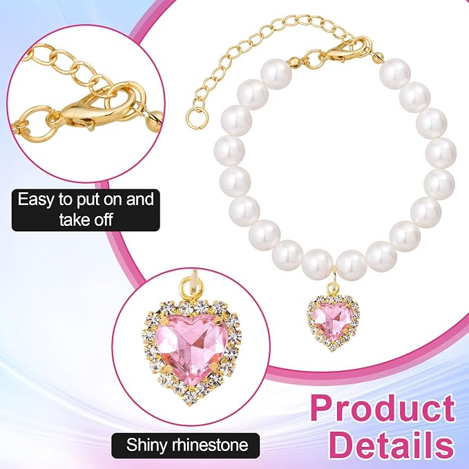 2pcs Cat Dog Pearl Collar, Small Heart Shape Rhinestone Pet Necklace, - Image 3