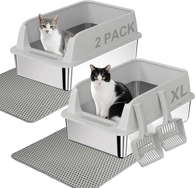 TENTIZON 2 Pack Large Stainless Steel Cat Litter Boxes, Open Top Metal Kitty by TENTIZON