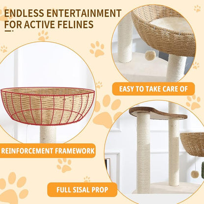 52" Modern Cat Tree Tower for Large Cats, 3Cat Nests Manual Hand Woven - Image 5