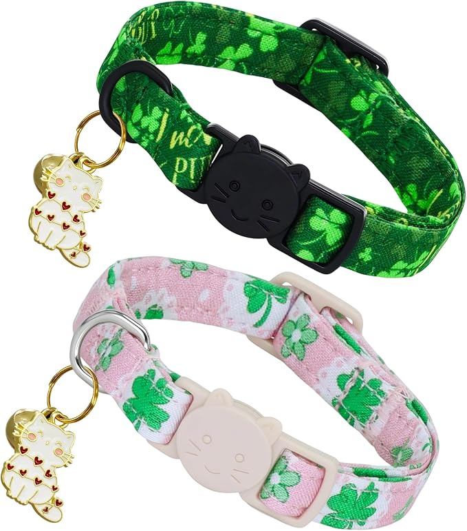 St. Patrick's Cat Collar-2 Pack Collars Pink and Green Four-Leaf Clover&Trefoil by BoboRainbow