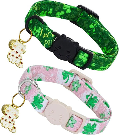 St. Patrick's Cat Collar-2 Pack Collars Pink and Green Four-Leaf Clover&Trefoil by BoboRainbow