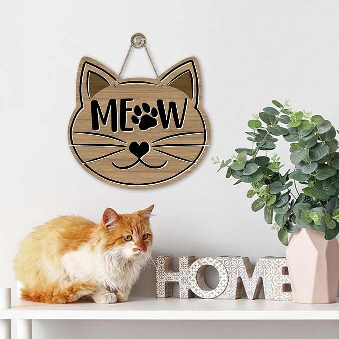 Cute Cat Meow Front Door Sign, Pet Farmhouse Wood Door Hanger Outdoor Outside - Image 6