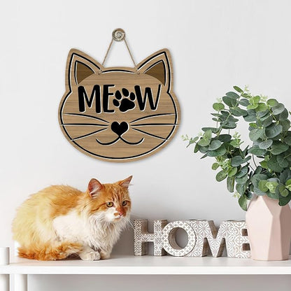 Cute Cat Meow Front Door Sign, Pet Farmhouse Wood Door Hanger Outdoor Outside - Image 6