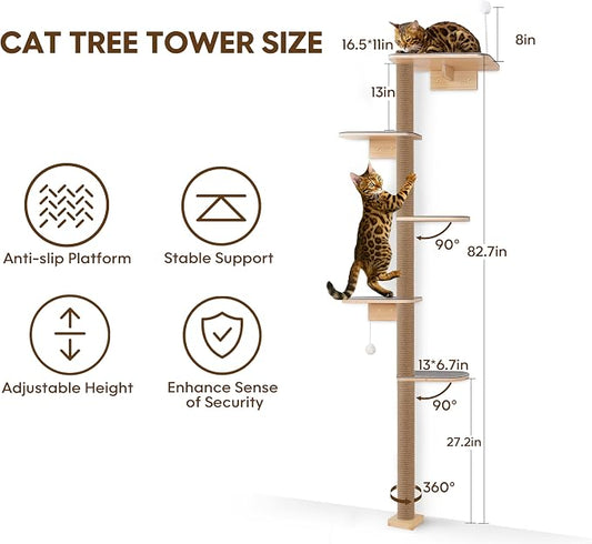 Floor to Ceiling Cat Tree for Kittens, 5-Tier Wall Mounted Cat Wall Shelves - Image 2
