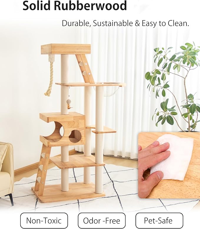Wood Cat Tree for Large Cats, 62-Inch Tall Modern Cat Tower - Image 2