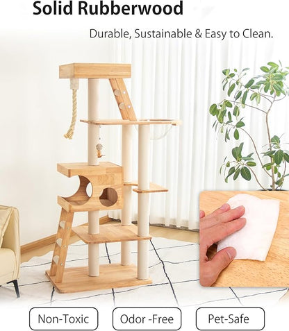 Wood Cat Tree for Large Cats, 62-Inch Tall Modern Cat Tower - Image 2