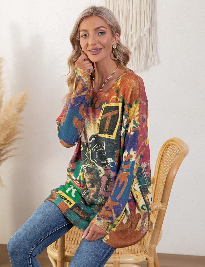 YESNO Women Christmas Sweater Graphic Printed Oversized Pullover Sweaters - Image 5