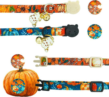 Elegant little tail Halloween Cat Collar-2 Pack Pumpkin Print Fall Cotton - Image 3