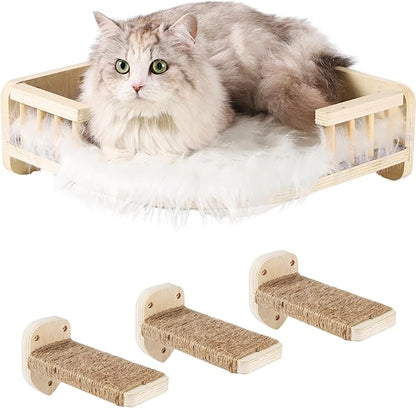 Cat Wall Shelves with 3 Steps Scratch Post, Climbing Shelf and Hammock by CoolEx