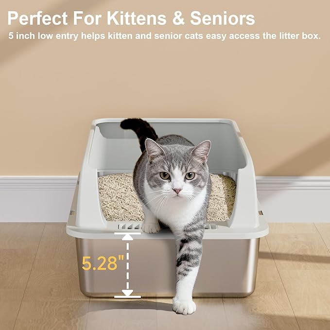TENTIZON 2 Pack Large Stainless Steel Cat Litter Boxes, Open Top Metal Kitty - Image 6