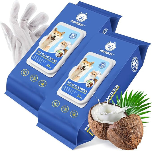 Pet Cleaning Glove Wipes for Dogs & Cats, Hypoallergenic Deodorizing Disposable by PUPMATE