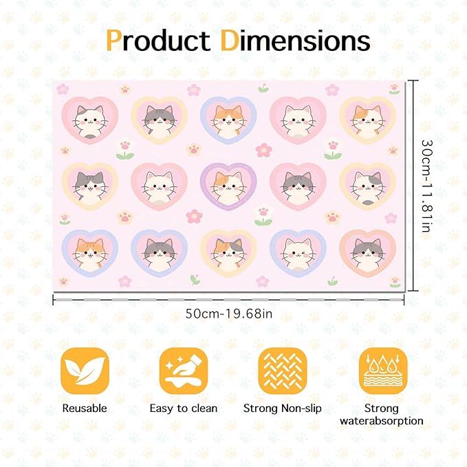 Cat Feedings Mats 20x12 inch Pink Heart Kitten Print Pet Bowl Placemat Non Slip - Image 6