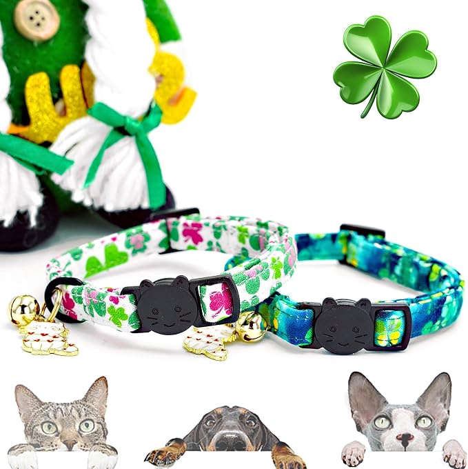 Elegant little tail St Patrick's 2 Pack Cat Collar- Trefoil Print Cotton - Image 4