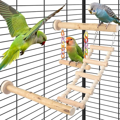 Bird Perches Ladder with Swing, Natural Wood Parrot Climbing Bridge Perch Toys by DBNESS