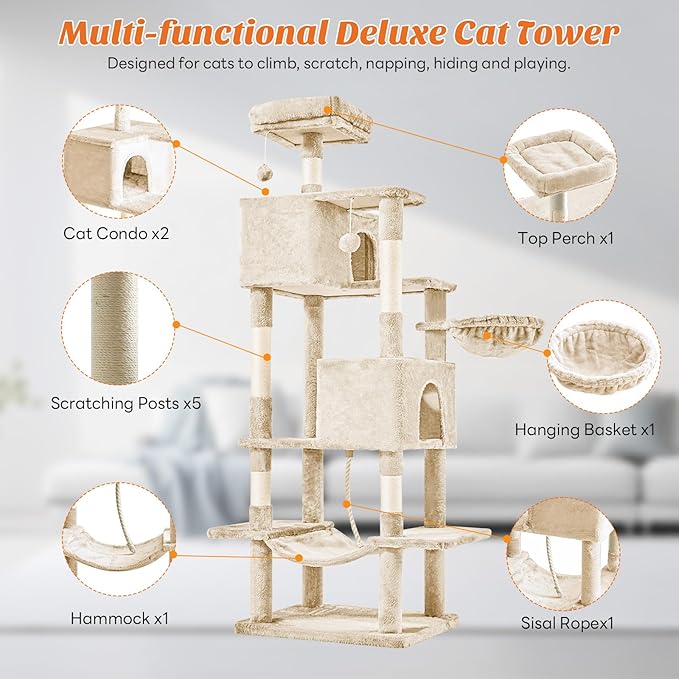 Large Cat Tree 66 Inch, Sisal Scratching Posts and Hammock, Pet Play House - Image 4