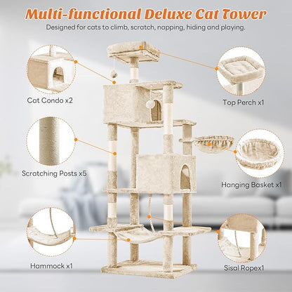 Large Cat Tree 66 Inch, Sisal Scratching Posts and Hammock, Pet Play House - Image 4