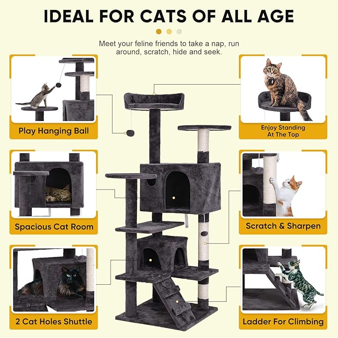 54-inch Cat Tree with Sisal-Covered Scratching Posts, Sturdy Standing Cat Tower - Image 6
