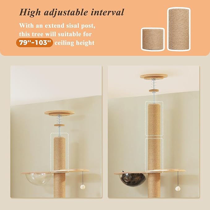PETEPELA Floor to Ceiling Cat Tree, Adjustable Height Solid Wooden Tall Cat - Image 4