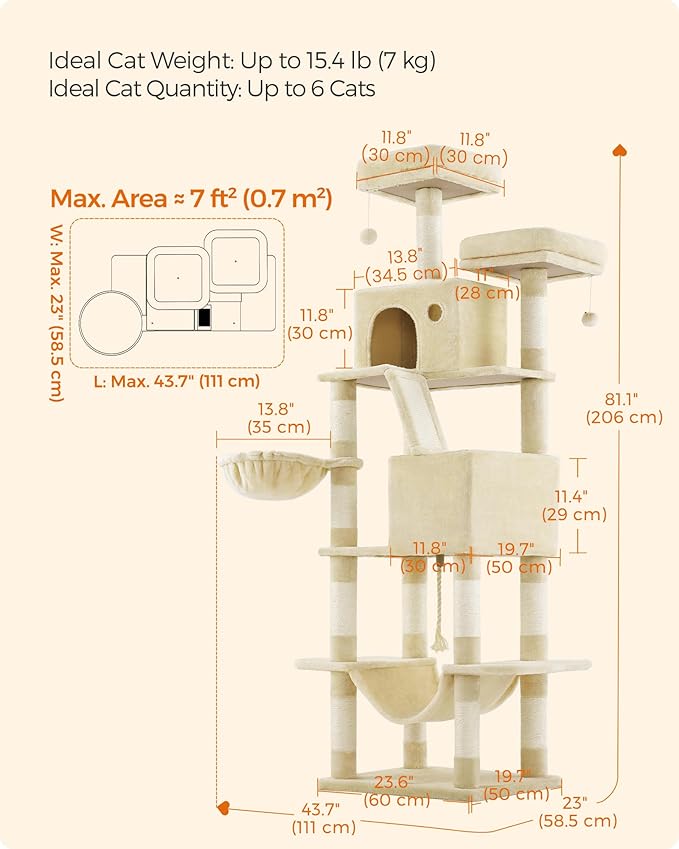 Feandrea Cat Tree, 81.1-Inch Large Cat Tower, 2 Perches, 2 Caves - Image 5