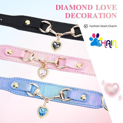THAIN Fashion Dog Collar with Bling Diamonds & Heart Charm – 5 Holes Adjustable - Image 3