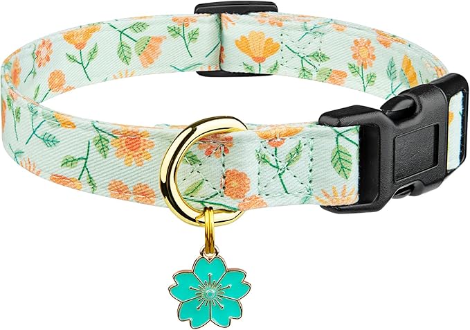 Cotton Handmade Dog Collar Cute and Distinctive Patterns Green Sunflower by Fyeqyaou
