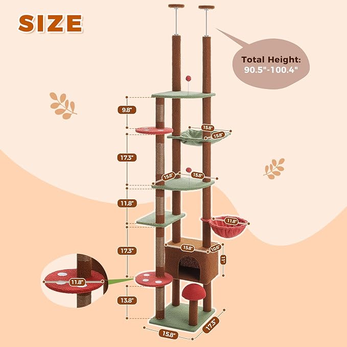 PETEPELA Floor to Ceiling Cat Tree, Adjustable 90.5''-100.4'' Cat Tower - Image 3