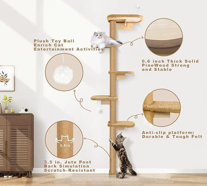 5-Tier Tall Cat Tree for Kittens, Floor to Ceiling Wall Mounted Cat Wall Shelves - Image 3