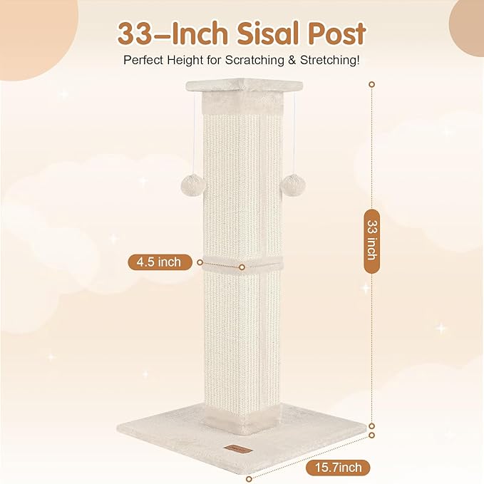 Cat Scratching Post 33 inch for Indoor Cats, High Cat Scratch Post Beige - Image 2