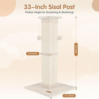 Cat Scratching Post 33 inch for Indoor Cats, High Cat Scratch Post Beige - Image 2
