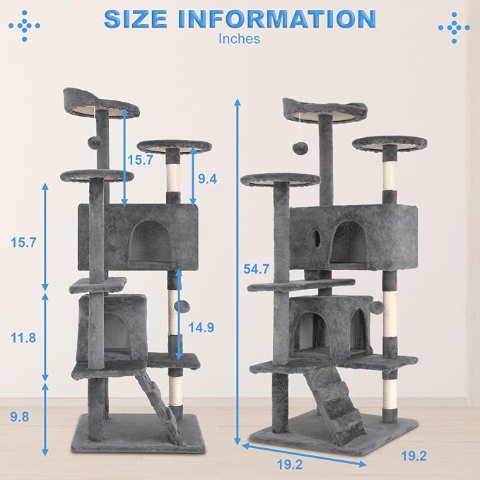 FDW | 54" Cat Tree Tower | Light Gray | Multi-Level Indoor Activity Center - Image 7