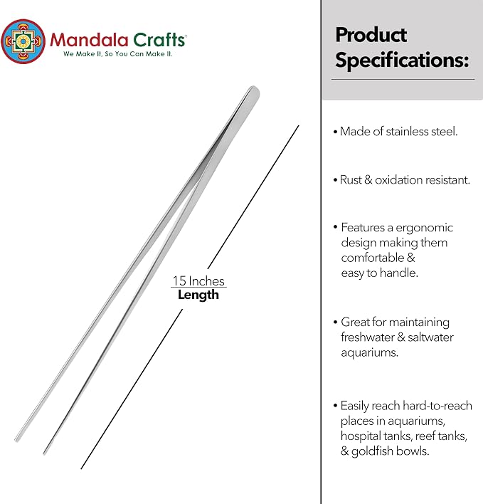Mandala Crafts 15 Inches Silver Stainless Steel Straight Aquarium Tweezers - Image 3