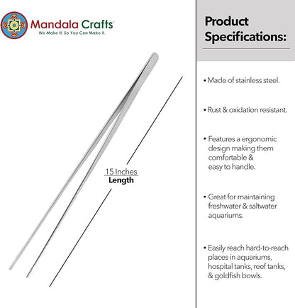 Mandala Crafts 15 Inches Silver Stainless Steel Straight Aquarium Tweezers - Image 3