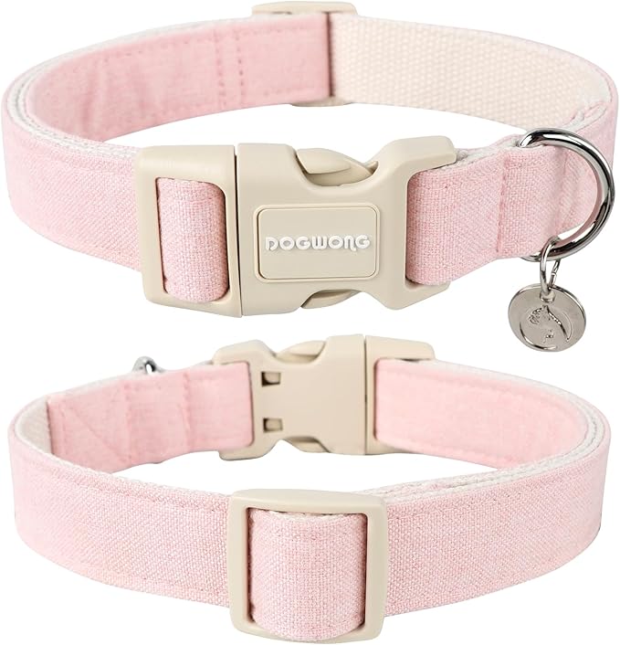 DOGWONG Cotton Hemp Dog Collar, Heavy-Duty Pink Dog Collar Adjustable Soft - Image 2