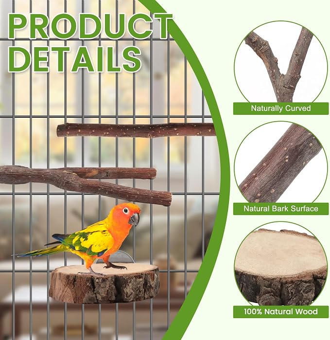 BILLIOTEAM 9PCS Apple Wood Bird Perches, Natural Parrot Stand & Chewing Toy - Image 3