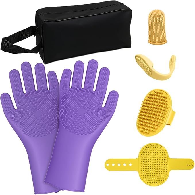 7PCS Dog Bath Brush | Pet Grooming Gloves | Storage Bag | Soothing Massage - Image 9