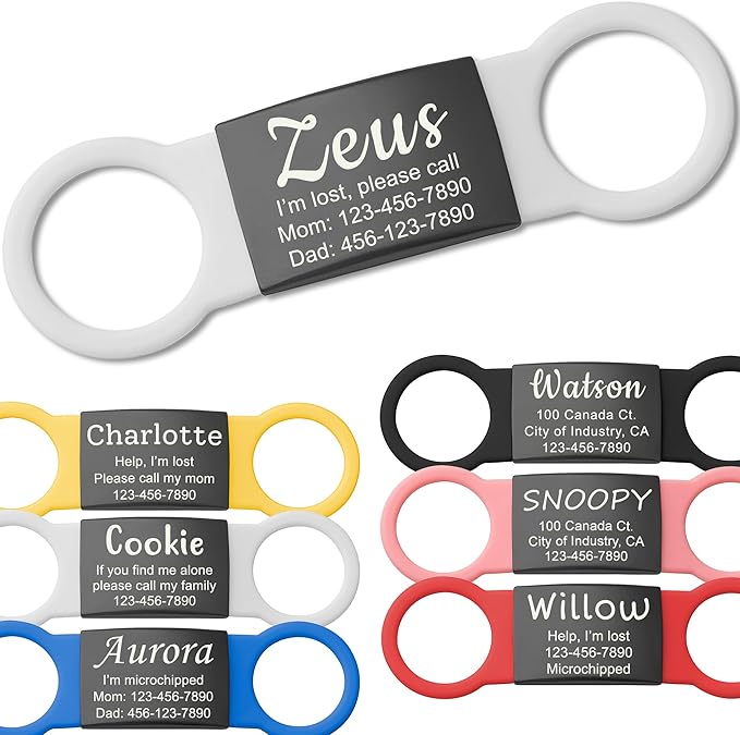 Anavia Slide On Silent Pet ID Tags, S/M/L/XL Personalized Black Stainless Steel by Anavia