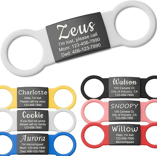Anavia Slide On Silent Pet ID Tags, S/M/L/XL Personalized Black Stainless Steel by Anavia