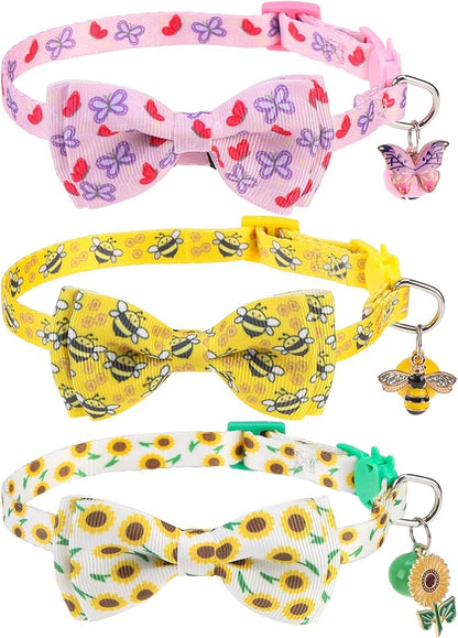Breakaway Cat Collar with Removable Bow Tie and Bell, Cute Multi-Style Patterns by VKPETFR
