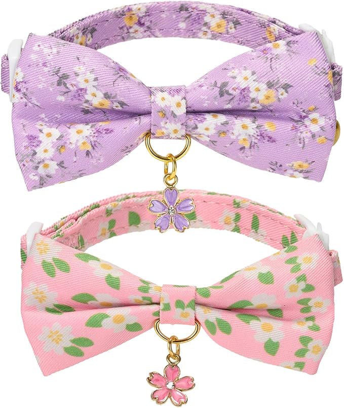 2 Pack Floral Cat Collars with Bow Tie and Bell Adjustable Breakaway Bowtie by Ewinoom