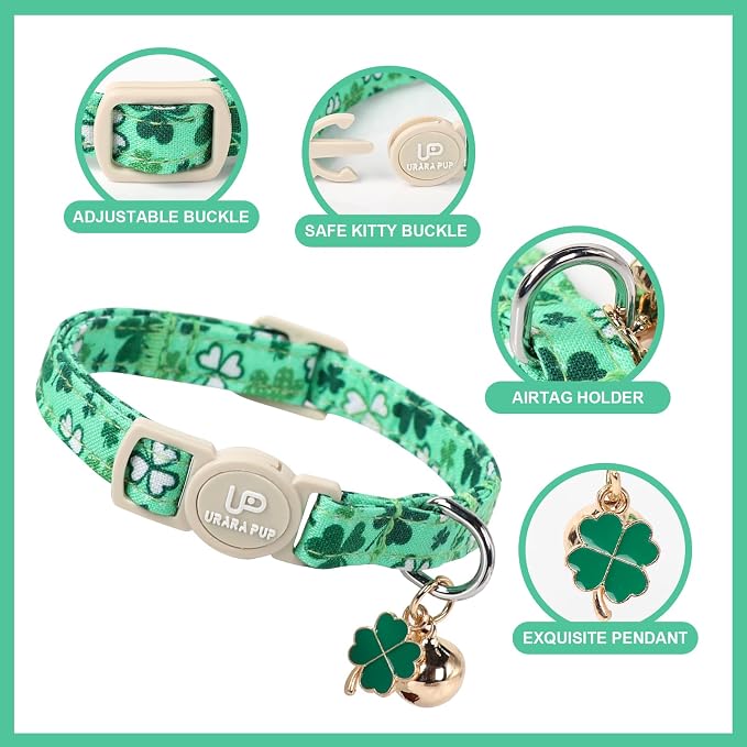 2Pack St. Patrick's Day Cat Collars, Spring Green Shamrock Cat Collars - Image 2
