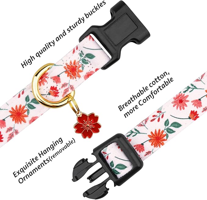 Cotton Handmade Dog Collar Cute and Distinctive Patterns Red and White Flower - Image 2